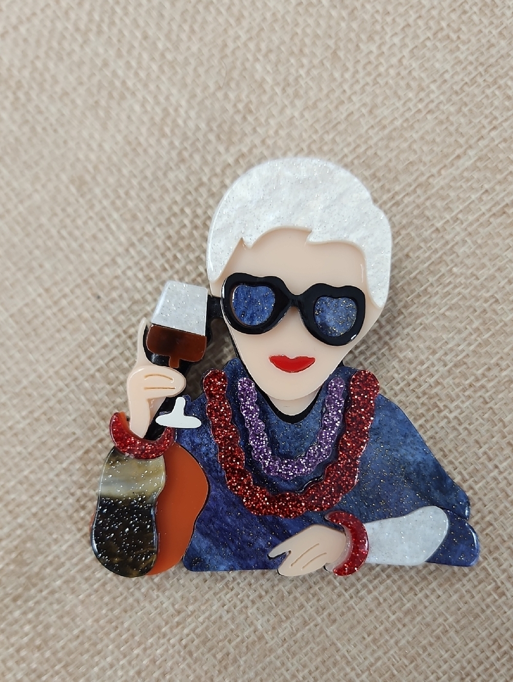 Quirky Grandma Lady Brooch Wine Glass Glitter Statement Pin OS